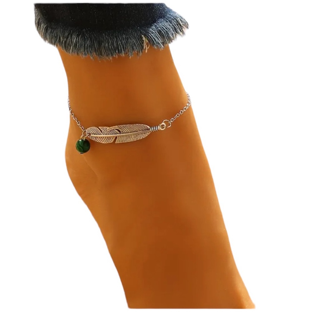 Silver Feather Design Anklet with Blue Bead Accent